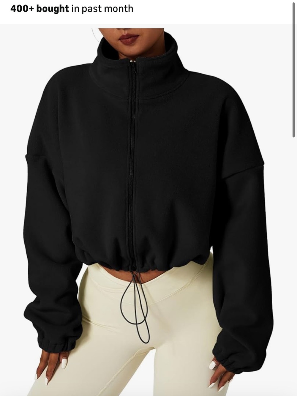 Cropped fleece Black Zip-Up Drawstring Jacket